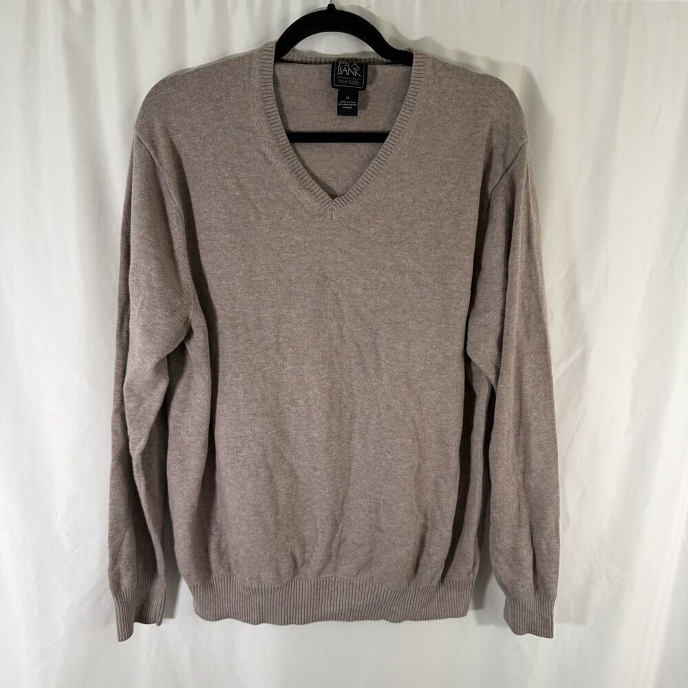 Jos A Bank Traveler Sweater Mens XL Beige Pima Cotton Vneck Long Sleeve Pullover